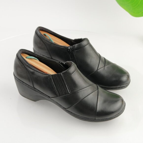Clark Womens Channing Essa Bootie Size 7.5 Black Leather Loafer Wedge Heel Clogs - Picture 12 of 12
